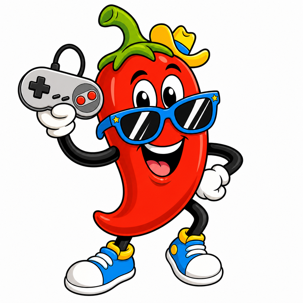 Salinas Game chili pepper mascot with sunglasses and a controller